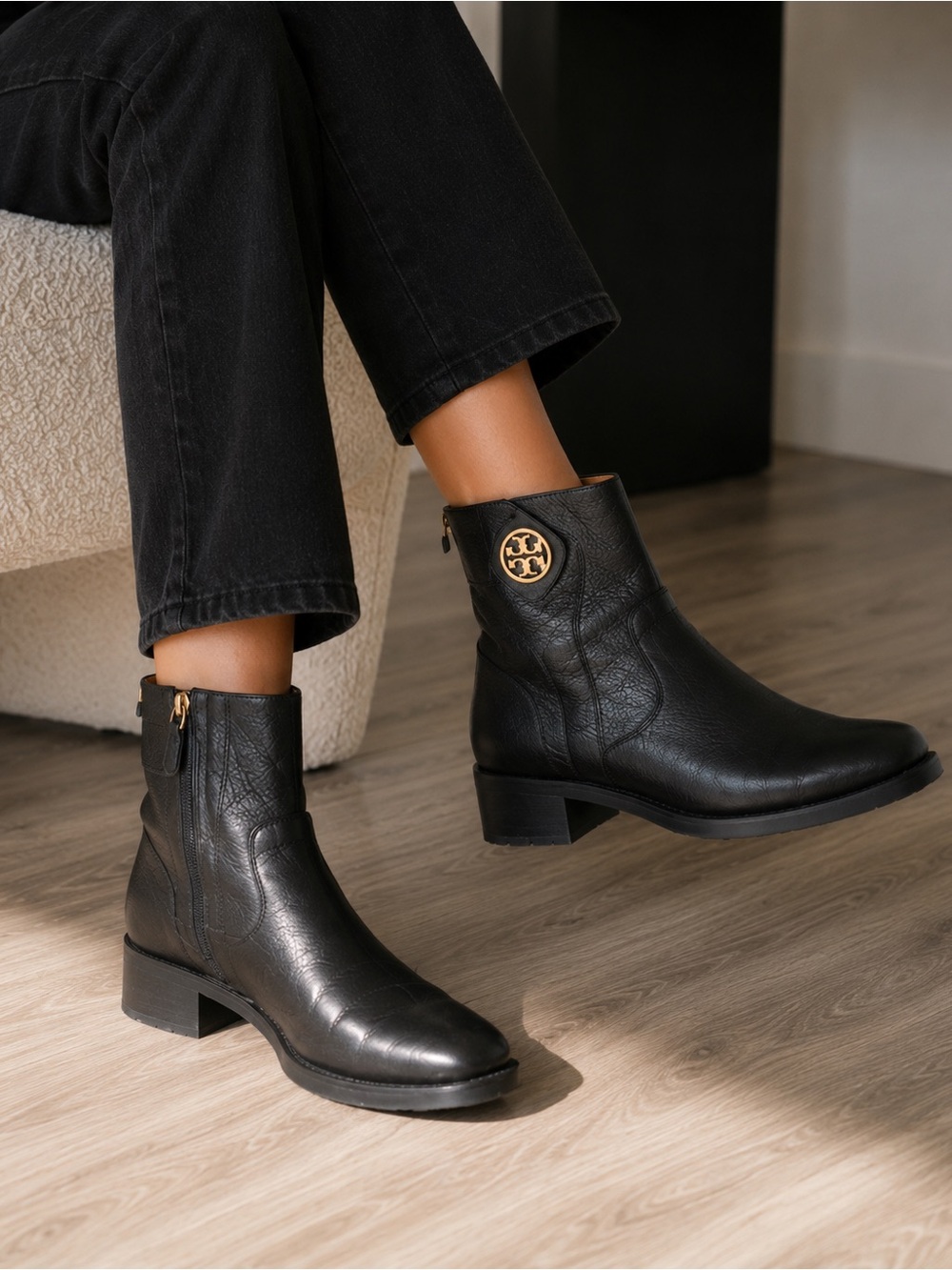 Tory Burch ($450) Black Leather Ankle Booties Gold Logo Riding Boots Size 7M